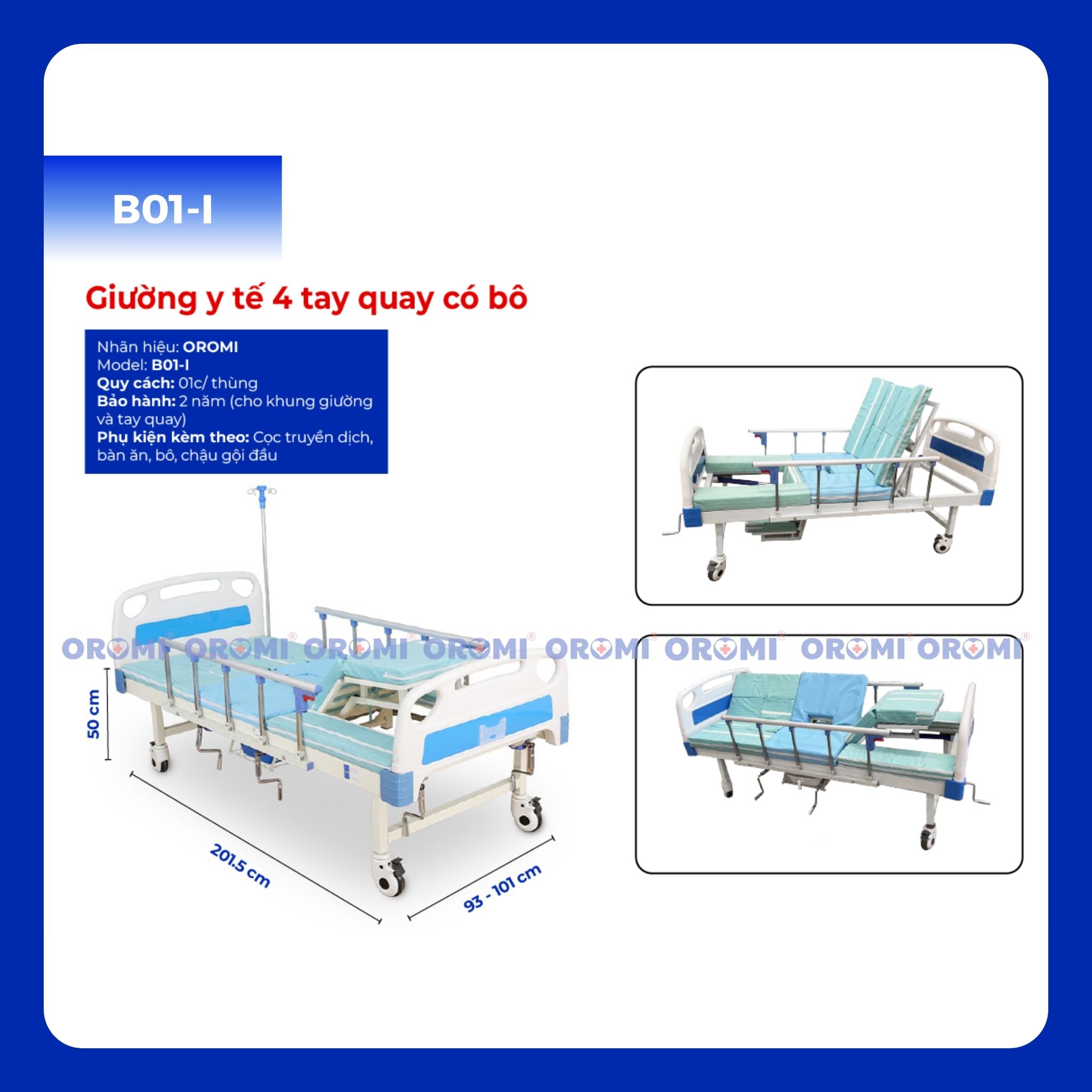 B01-I - Giường Y Tế 4 Tay Quay Có BôB01-I - Giường Y Tế 4 Tay Quay Có Bô
