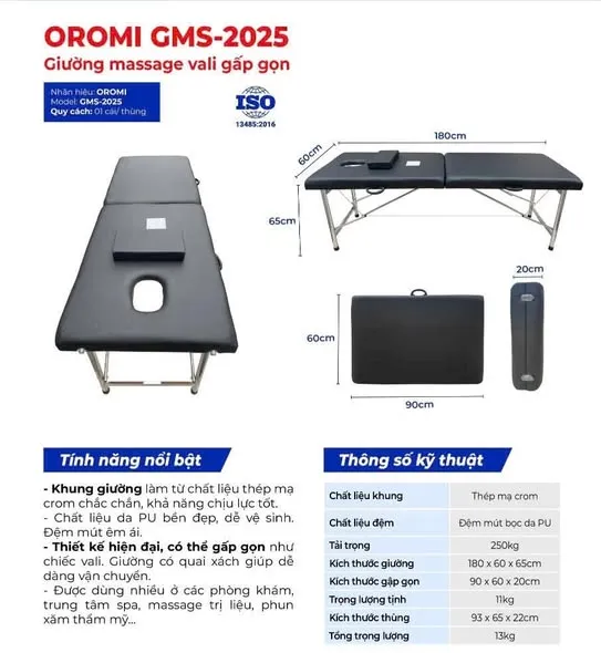 Giường Massage Gấp Gọn Oromi GMS-2025, Chất Liệu Da PU Bền Đẹp, Dễ Vệ Sinh, Khung Thép Mạ Chắc Chắn